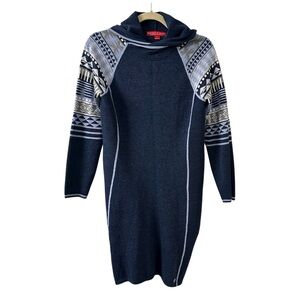 Krimson Klover Navy Gray Patterned Hooded Merino Wool Sweater Dress size Small